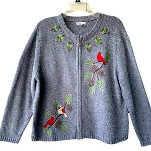 Vintage Grey Cardinal Christmas Cardigan XL Petite